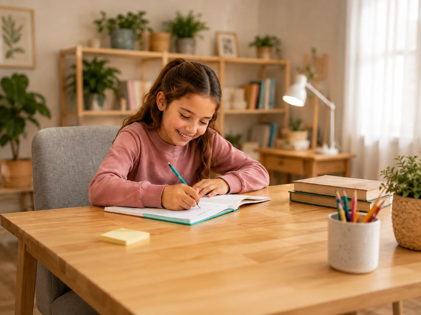 A child completing schoolwork at a table