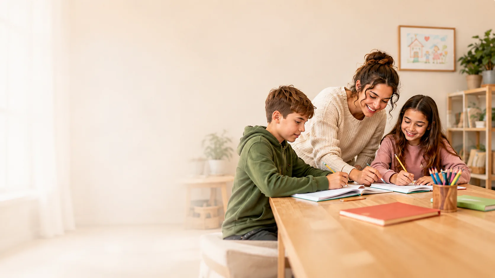 A carer helping two children with schoolwork